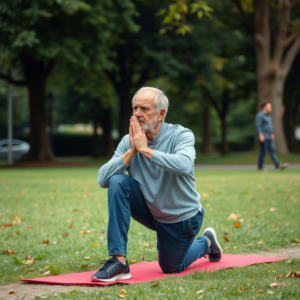 Senior man doing pelvic floor exercises in a park