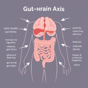 Illustration of gut-brain connection influencing arthritis symptoms.