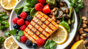 Colorful plate of anti-inflammatory foods including fish, fruits, and vegetables