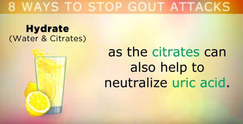  Adding some freshly squeezed lemon juice to your water as the citrates to avoid Gout Attacks