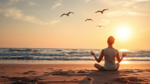 Person meditating on a beach during sunset