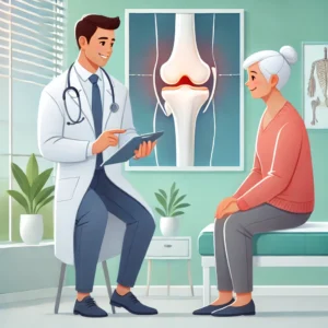  arthritis education. The image features a friendly doctor explaining joint pain to an elderly person